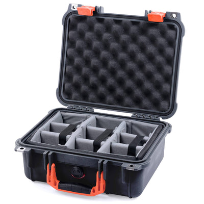 Pelican 1400 Case, Black with Orange Handle & Latches Gray Padded Microfiber Dividers with Convolute Lid Foam ColorCase 014000-0070-110-150