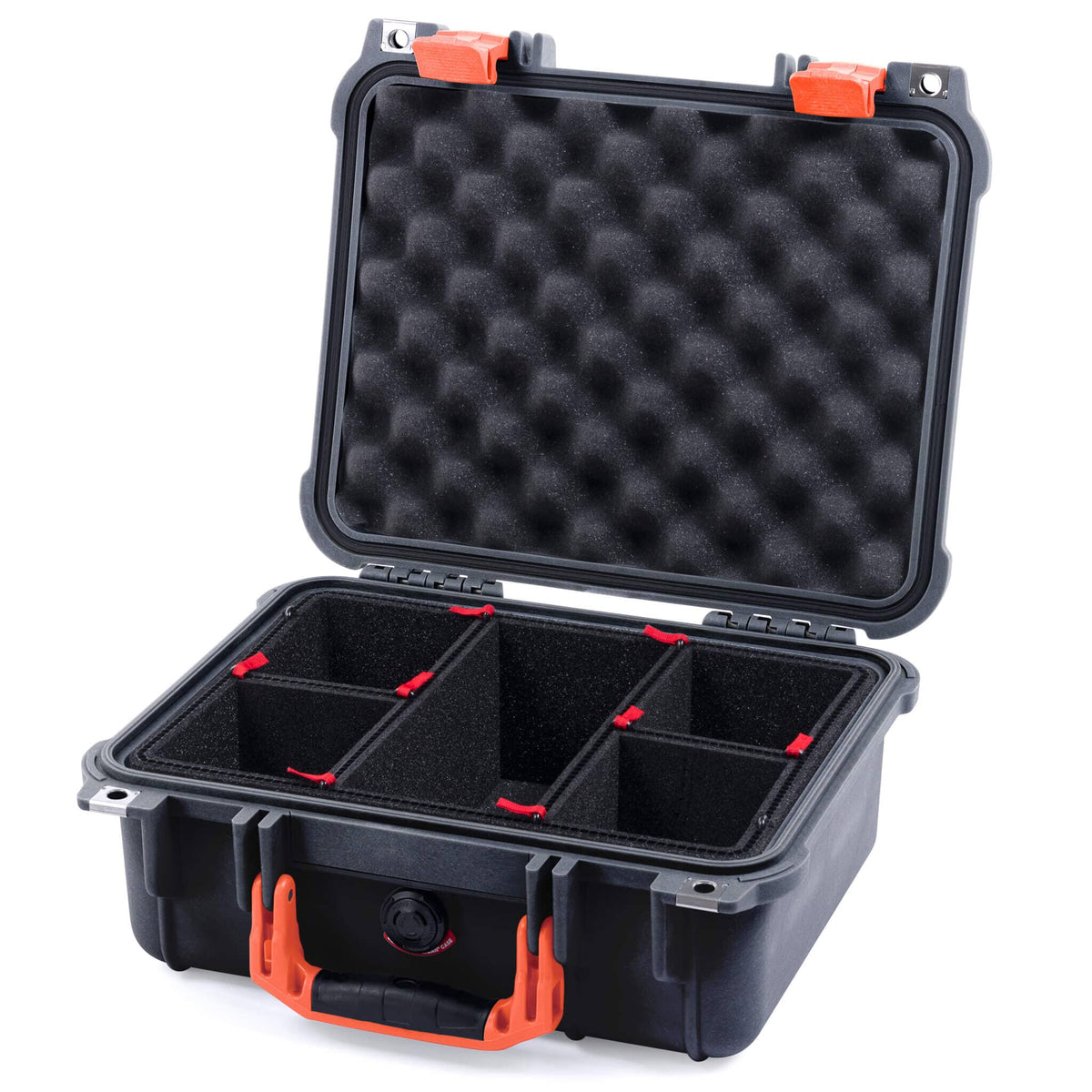 Pelican 1400 Case, Black with Orange Handle &amp; Latches TrekPak Divider System with Convolute Lid Foam ColorCase 014000-0020-110-150