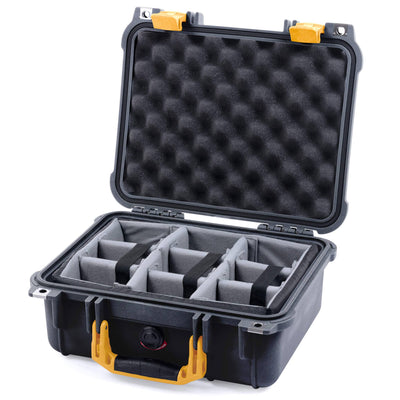 Pelican 1400 Case, Black with Yellow Handle & Latches Gray Padded Microfiber Dividers with Convolute Lid Foam ColorCase 014000-0070-110-240
