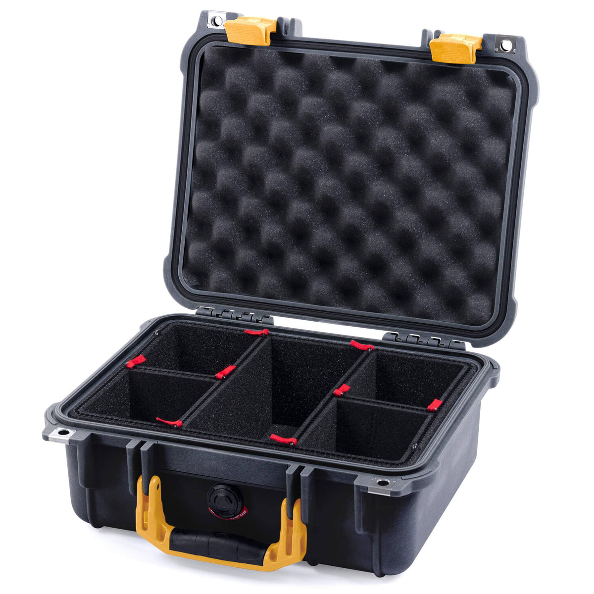 Pelican 1400 Case, Black with Yellow Handle &amp; Latches TrekPak Divider System with Convolute Lid Foam ColorCase 014000-0020-110-240