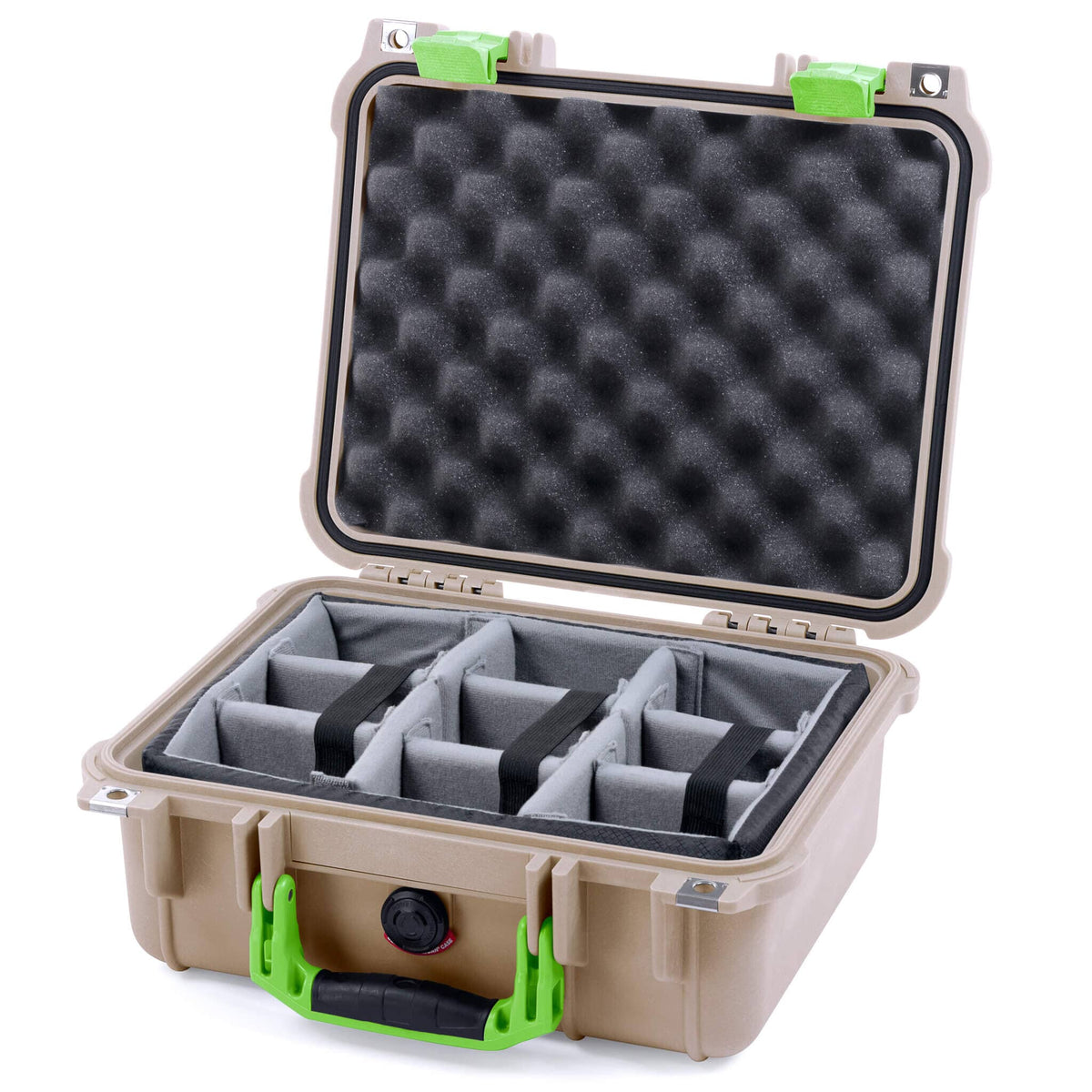 Pelican 1400 Case, Desert Tan with Lime Green Handle &amp; Latches Gray Padded Microfiber Dividers with Convolute Lid Foam ColorCase 014000-0070-310-300