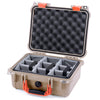 Pelican 1400 Case, Desert Tan with Orange Handle & Latches Gray Padded Microfiber Dividers with Convolute Lid Foam ColorCase 014000-0070-310-150