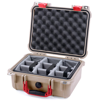 Pelican 1400 Case, Desert Tan with Red Handle & Latches Gray Padded Microfiber Dividers with Convolute Lid Foam ColorCase 014000-0070-310-320
