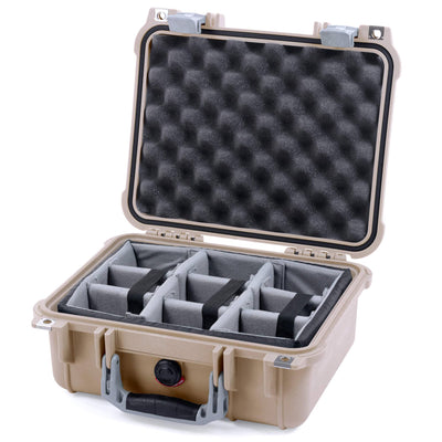 Pelican 1400 Case, Desert Tan with Silver Handle & Latches Gray Padded Microfiber Dividers with Convolute Lid Foam ColorCase 014000-0070-310-180