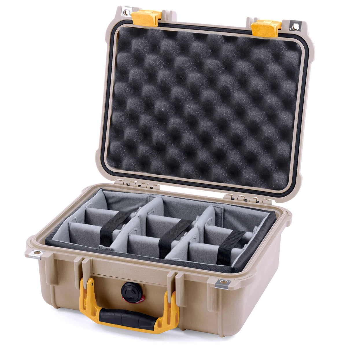Pelican 1400 Case, Desert Tan with Yellow Handle &amp; Latches Gray Padded Microfiber Dividers with Convolute Lid Foam ColorCase 014000-0070-310-240