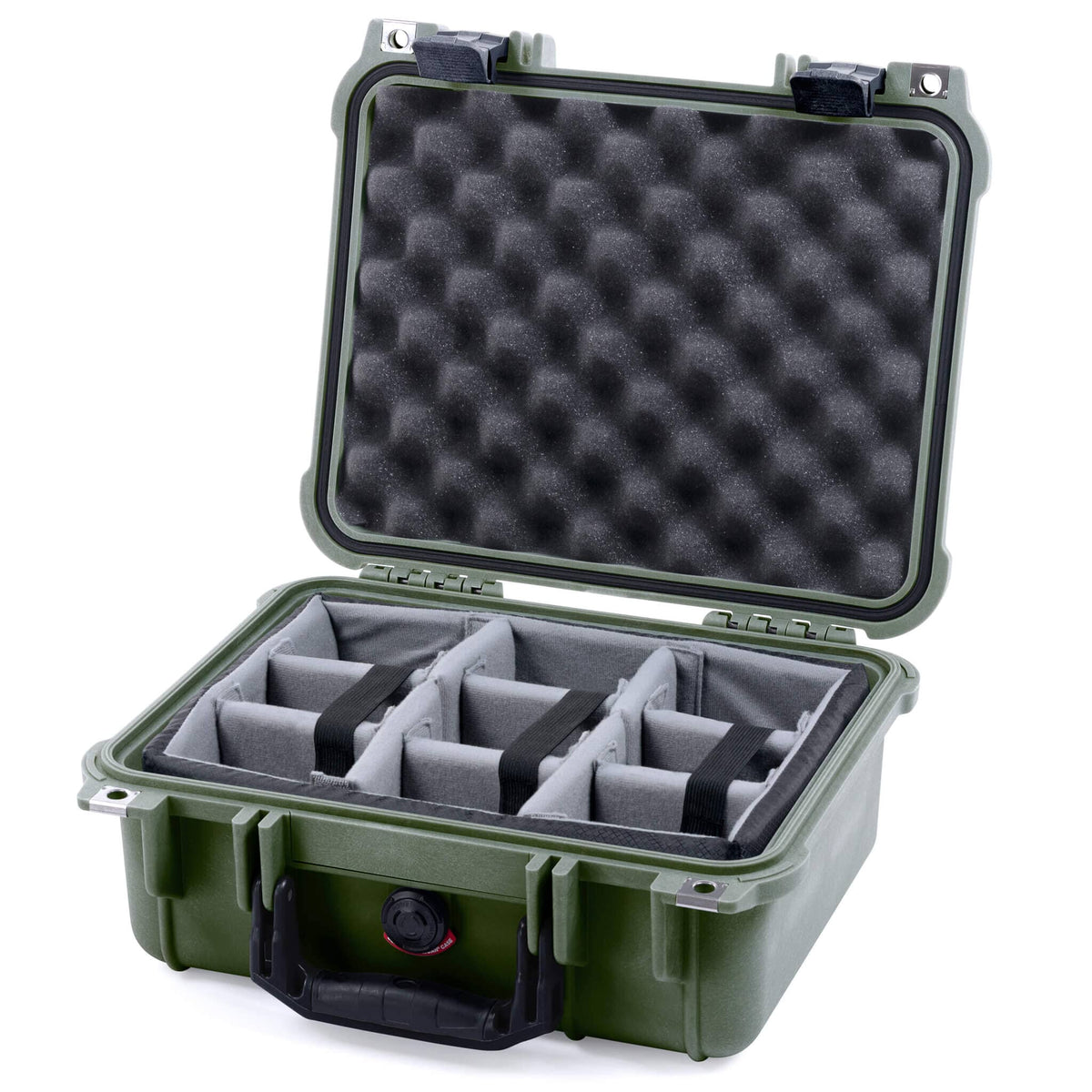 Pelican 1400 Case, OD Green with Black Handle &amp; Latches Gray Padded Microfiber Dividers with Convolute Lid Foam ColorCase 014000-0070-130-110