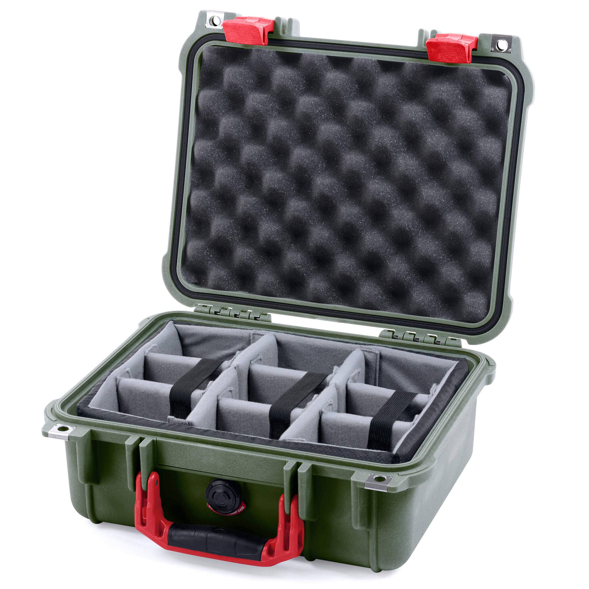 Pelican 1400 Case, OD Green with Red Handle &amp; Latches Gray Padded Microfiber Dividers with Convolute Lid Foam ColorCase 014000-0070-130-320