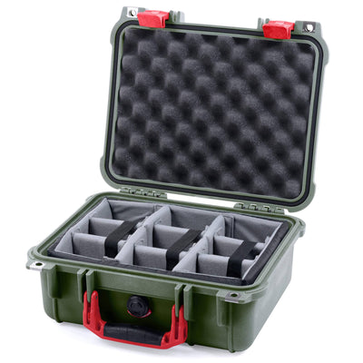 Pelican 1400 Case, OD Green with Red Handle & Latches Gray Padded Microfiber Dividers with Convolute Lid Foam ColorCase 014000-0070-130-320
