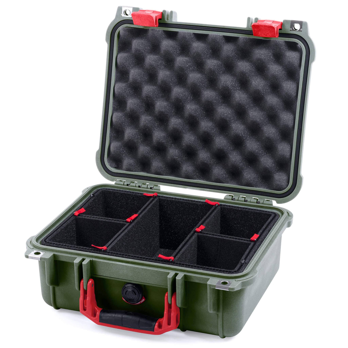 Pelican 1400 Case, OD Green with Red Handle &amp; Latches TrekPak Divider System with Convolute Lid Foam ColorCase 014000-0020-130-320