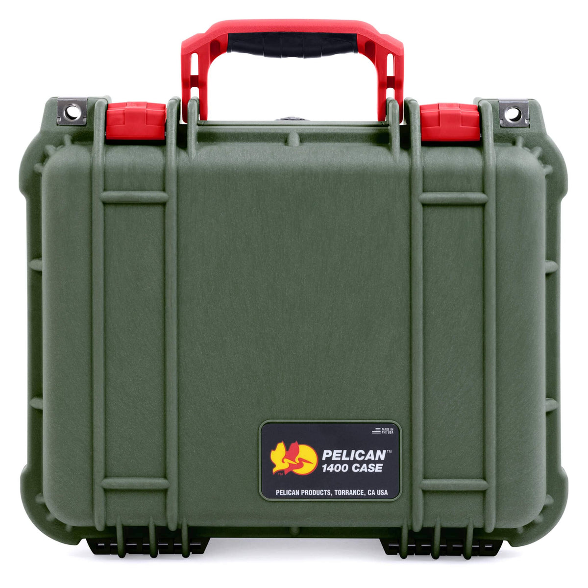 Pelican 1400 Case, OD Green with Red Handle &amp; Latches ColorCase 