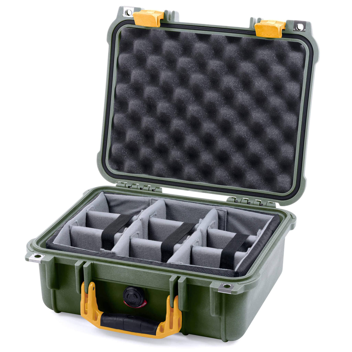 Pelican 1400 Case - OD Green & Yellow - Padded Microfiber Dividers / Convolute Lid Foam