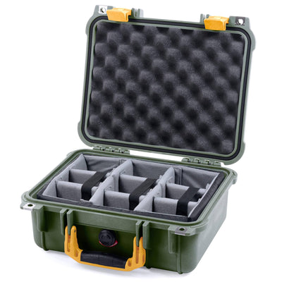 Pelican 1400 Case, OD Green with Yellow Handle & Latches Gray Padded Microfiber Dividers with Convolute Lid Foam ColorCase 014000-0070-130-240