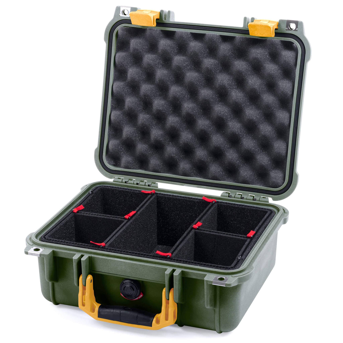 Pelican 1400 Case, OD Green with Yellow Handle &amp; Latches TrekPak Divider System with Convolute Lid Foam ColorCase 014000-0020-130-240