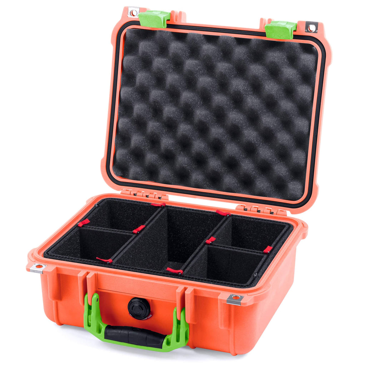 Pelican 1400 Case, Orange with Lime Green Handle &amp; Latches TrekPak Divider System with Convolute Lid Foam ColorCase 014000-0020-150-300