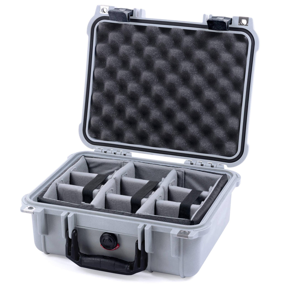 Pelican 1400 Case, Silver with Black Handle &amp; Latches Gray Padded Dividers with Convolute Lid Foam ColorCase 014000-0070-180-110