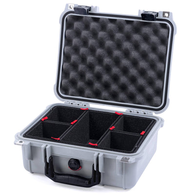 Pelican 1400 Case, Silver with Black Handle & Latches TrekPak Divider System with Convolute Lid Foam ColorCase 014000-0020-180-110