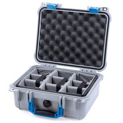 Pelican 1400 Case, Silver with Blue Handle & Latches Gray Padded Dividers with Convolute Lid Foam ColorCase 014000-0070-180-120