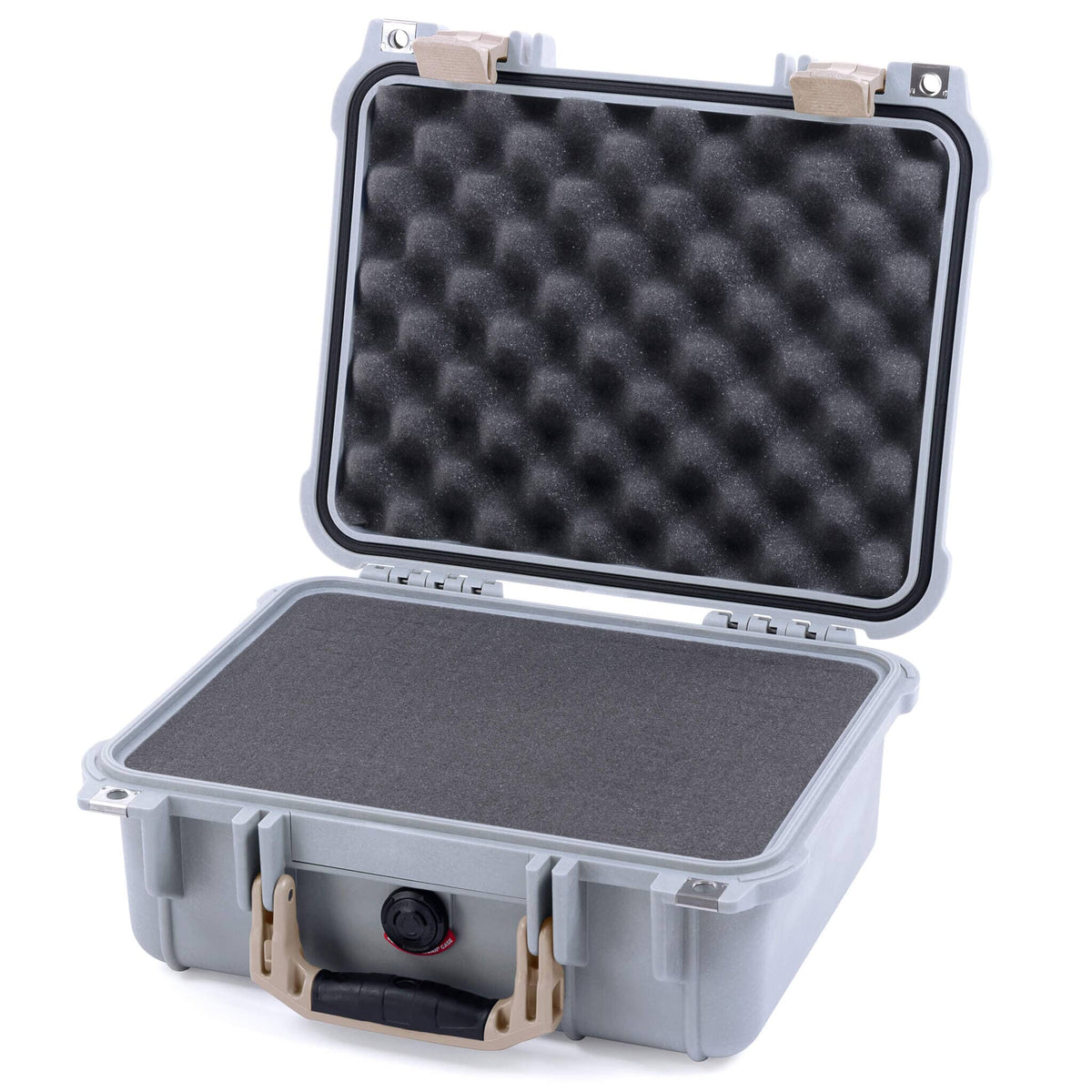 Pelican 1400 Case, Silver with Desert Tan Handle &amp; Latches Pick &amp; Pluck Foam with Convolute Lid Foam ColorCase 014000-0001-180-310