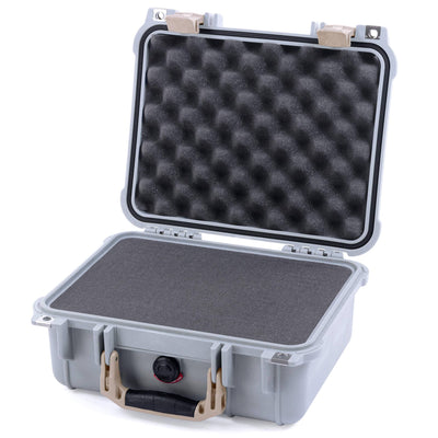 Pelican 1400 Case, Silver with Desert Tan Handle & Latches Pick & Pluck Foam with Convolute Lid Foam ColorCase 014000-0001-180-310