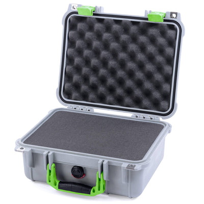 Pelican 1400 Case, Silver with Lime Green Handle & Latches Pick & Pluck Foam with Convolute Lid Foam ColorCase 014000-0001-180-300