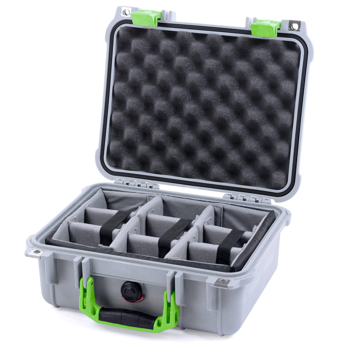 Pelican 1400 Case, Silver with Lime Green Handle &amp; Latches Gray Padded Dividers with Convolute Lid Foam ColorCase 014000-0070-180-300