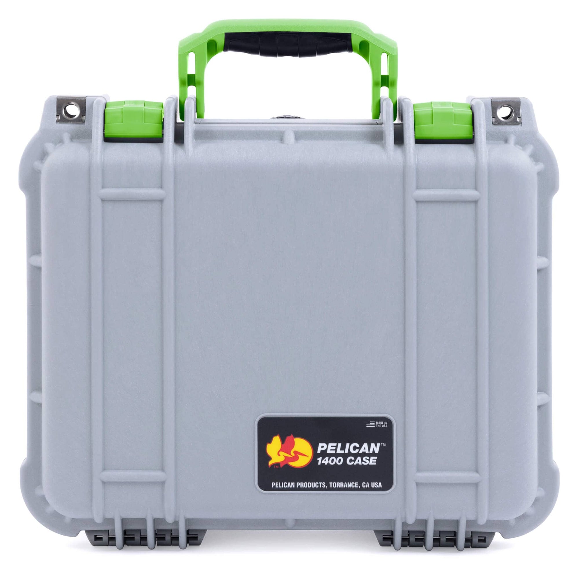 Pelican 1400 Case, Silver with Lime Green Handle & Latches ColorCase 