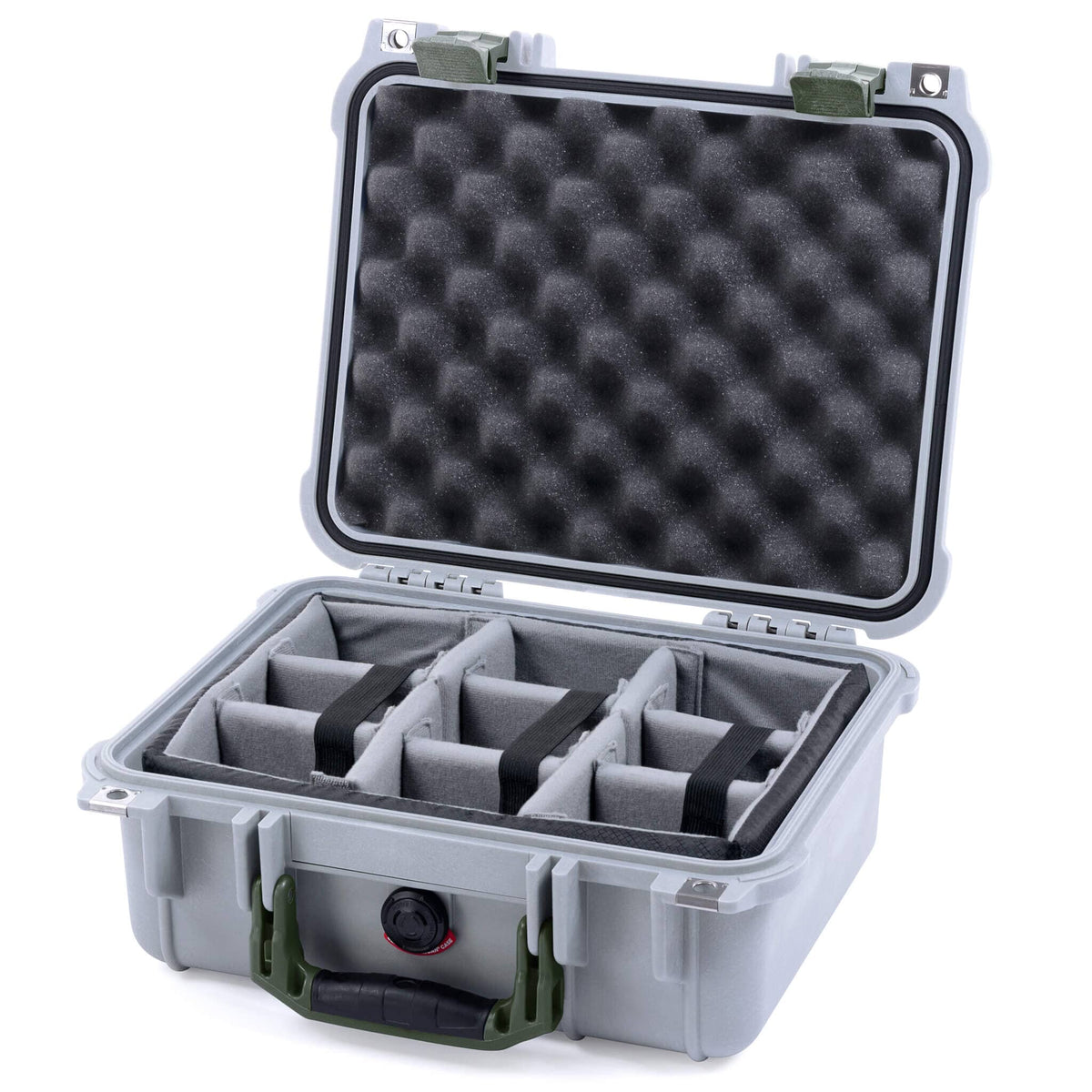 Pelican 1400 Case - Silver &amp; OD Green - TrekPak Divider System / Convolute Lid Foam