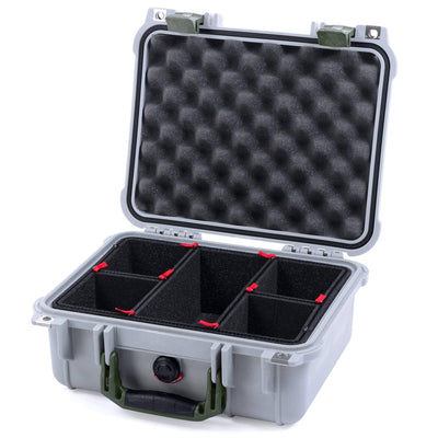 Pelican 1400 Case, Silver with OD Green Handle & Latches Gray Padded Dividers with Convolute Lid Foam ColorCase 014000-0070-180-130