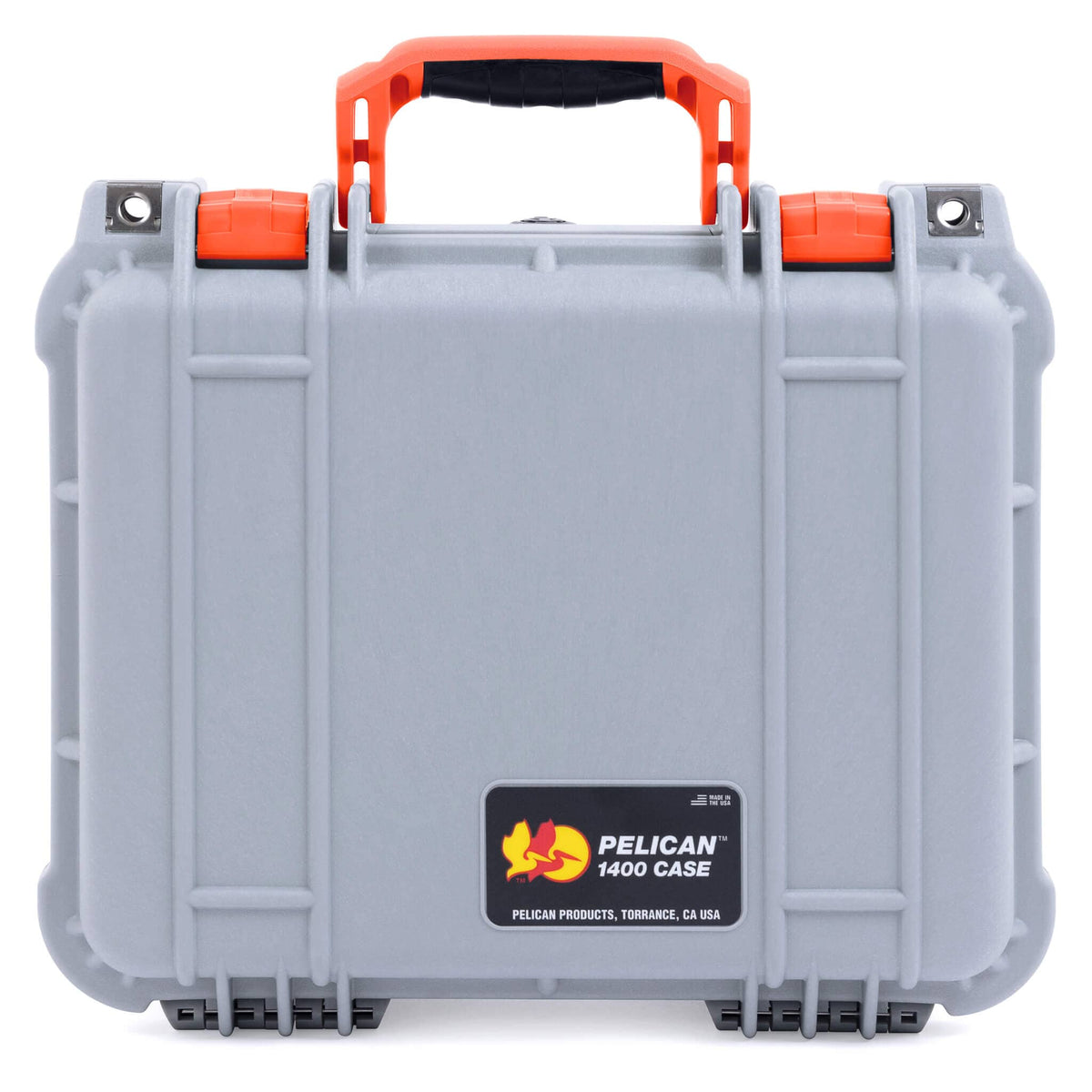 Pelican 1400 Case, Silver with Orange Handle &amp; Latches ColorCase 