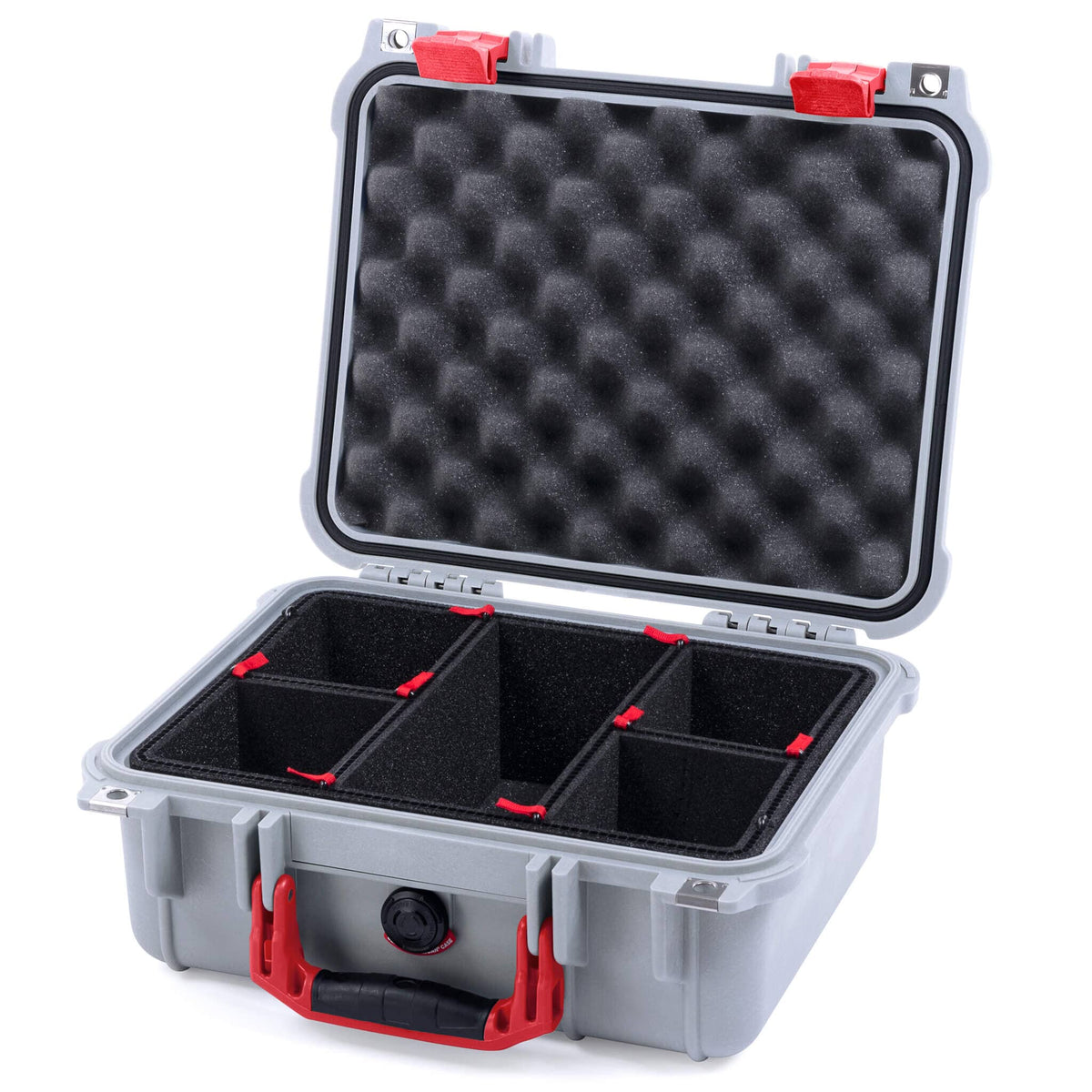 Pelican 1400 Case, Silver with Red Handle &amp; Latches TrekPak Divider System with Convolute Lid Foam ColorCase 014000-0020-180-320