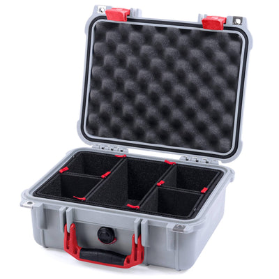 Pelican 1400 Case, Silver with Red Handle & Latches TrekPak Divider System with Convolute Lid Foam ColorCase 014000-0020-180-320