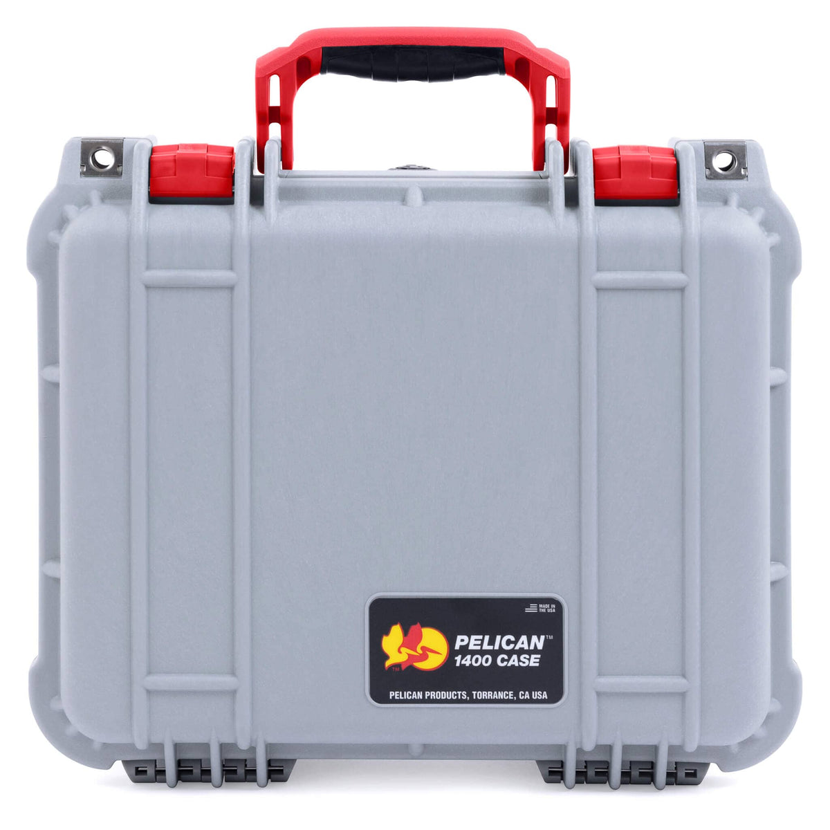 Pelican 1400 Case, Silver with Red Handle &amp; Latches ColorCase 
