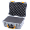 Pelican 1400 Case, Silver with Yellow Handle & Latches Pick & Pluck Foam with Convolute Lid Foam ColorCase 014000-0001-180-240