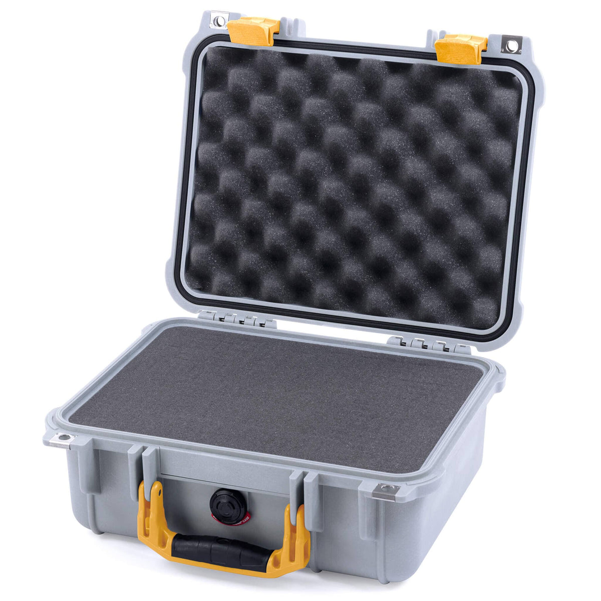 Pelican 1400 Case, Silver with Yellow Handle &amp; Latches Pick &amp; Pluck Foam with Convolute Lid Foam ColorCase 014000-0001-180-240