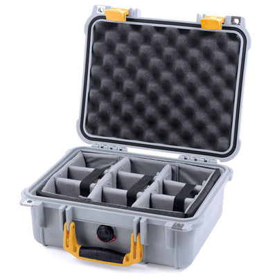 Pelican 1400 Case, Silver with Yellow Handle & Latches Gray Padded Dividers with Convolute Lid Foam ColorCase 014000-0070-180-240
