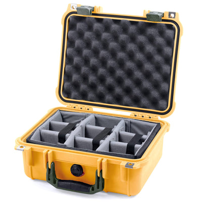 Pelican 1400 Case, Yellow with OD Green Handle & Latches Gray Padded Microfiber Dividers with Convolute Lid Foam ColorCase 014000-0070-240-130