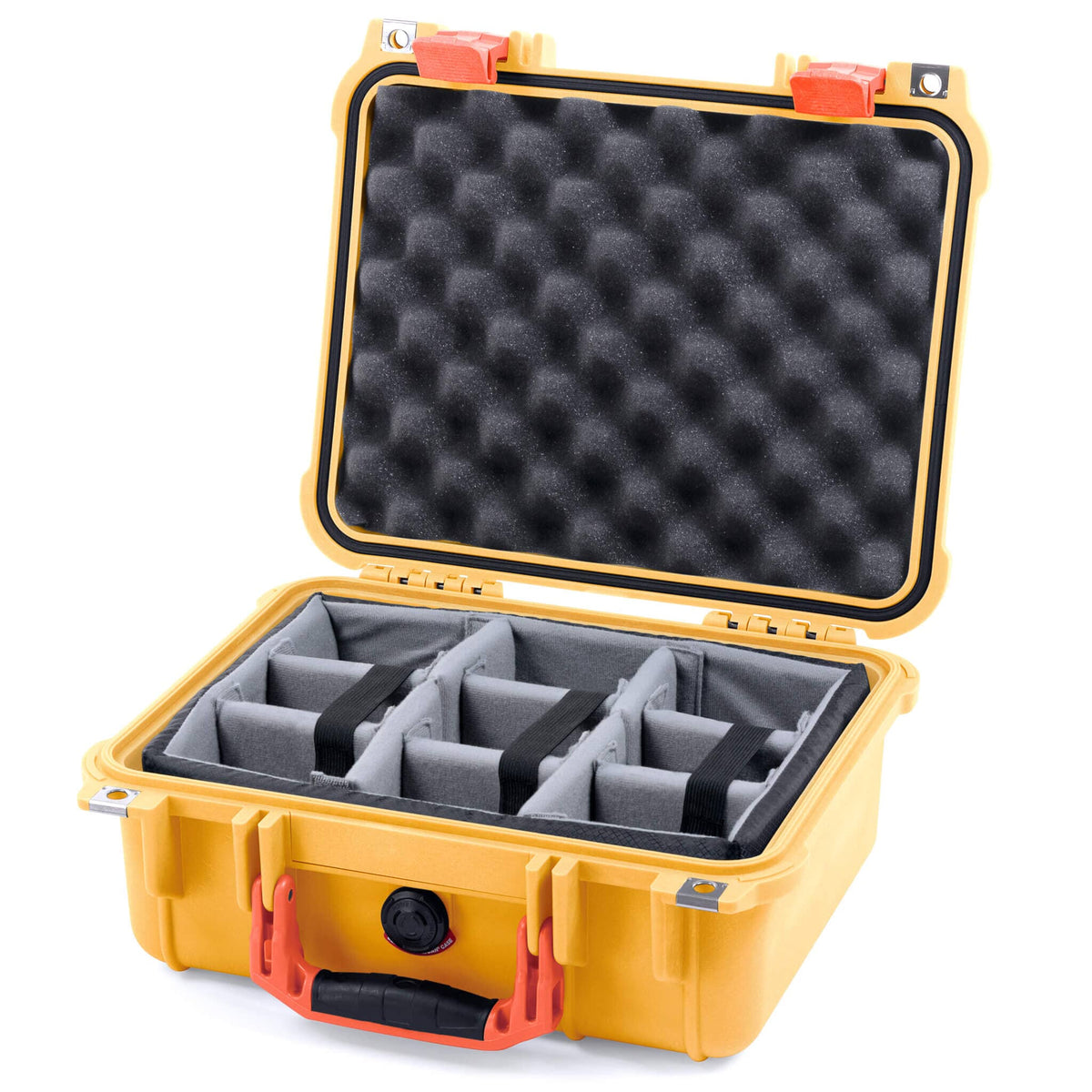Pelican 1400 Case, Yellow with Orange Handle &amp; Latches Gray Padded Microfiber Dividers with Convolute Lid Foam ColorCase 014000-0070-240-150