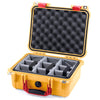 Pelican 1400 Case, Yellow with Red Handle & Latches Gray Padded Microfiber Dividers with Convolute Lid Foam ColorCase 014000-0070-240-320