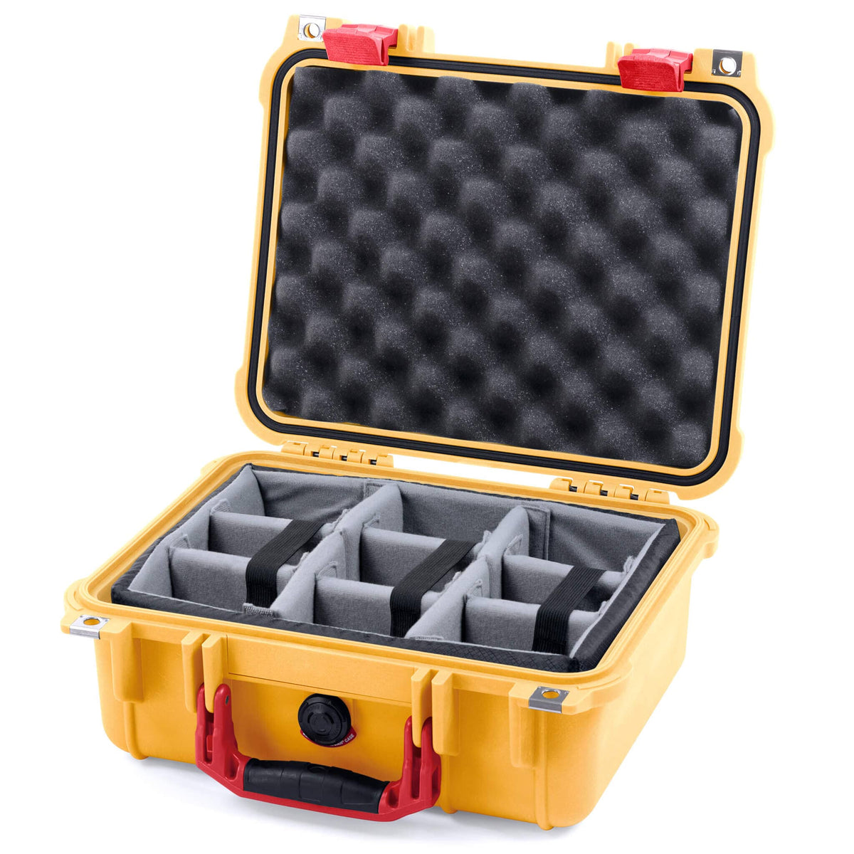 Pelican 1400 Case, Yellow with Red Handle &amp; Latches Gray Padded Microfiber Dividers with Convolute Lid Foam ColorCase 014000-0070-240-320