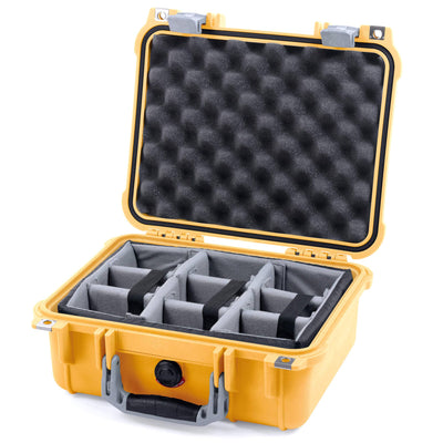 Pelican 1400 Case, Yellow with Silver Handle & Latches Gray Padded Microfiber Dividers with Convolute Lid Foam ColorCase 014000-0070-240-180