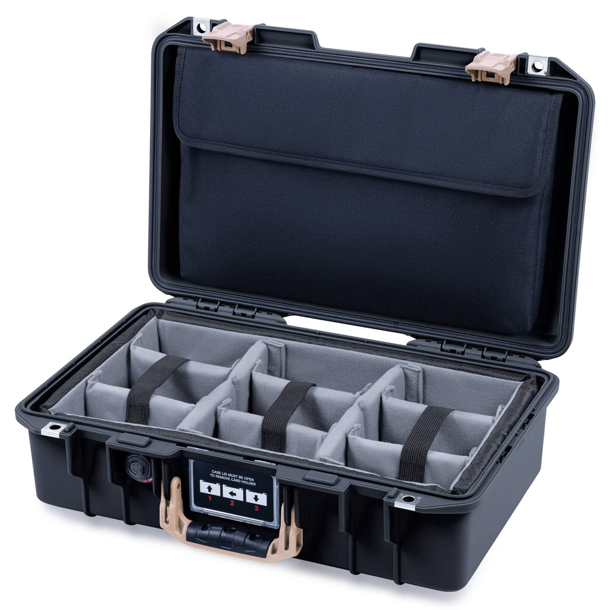 Pelican 1485 Air Case, Black with Desert Tan Handle & Latches Gray Padded Microfiber Dividers with Laptop Computer Lid Pouch ColorCase 014850-0270-110-311