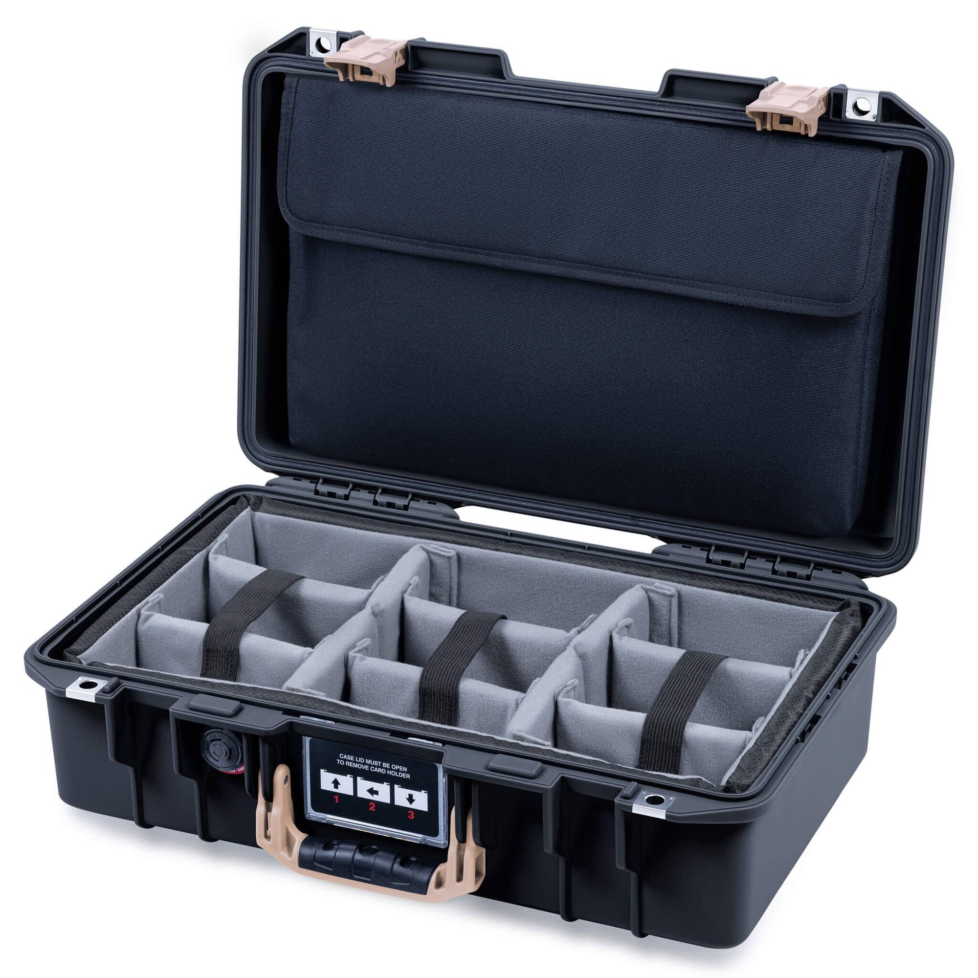 Pelican 1485 Air Case, Black with Desert Tan Handle & Latches Gray Padded Microfiber Dividers with Laptop Computer Lid Pouch ColorCase 014850-0270-110-311