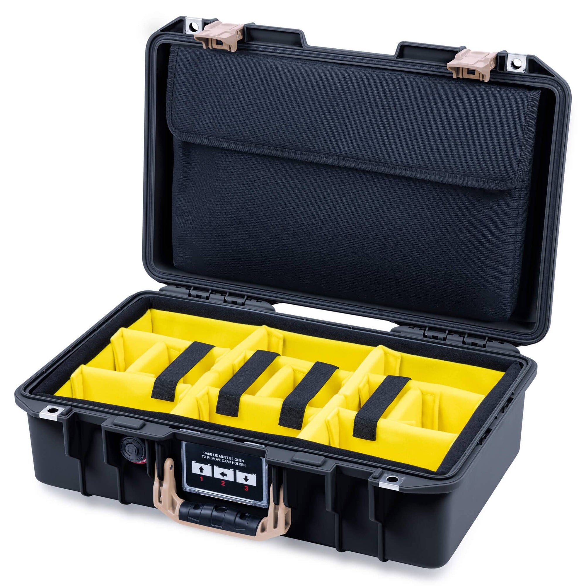 Pelican 1485 Air Case, Black with Desert Tan Handle & Latches Yellow Padded Microfiber Dividers with Laptop Computer Lid Pouch ColorCase 014850-0210-110-311