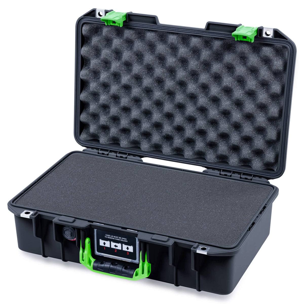 Pelican 1485 Air Case, Black with Lime Green Latches Pick &amp; Pluck Foam with Convolute Lid Foam ColorCase 014850-0001-110-301