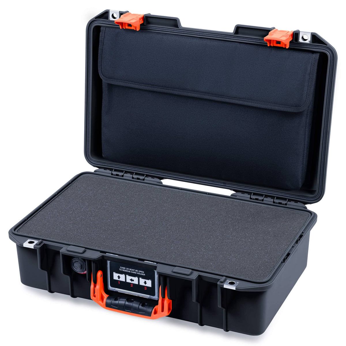 Pelican 1485 Air Case, Black with Orange Latches Pick & Pluck Foam with Computer Pouch ColorCase 014850-0201-110-151