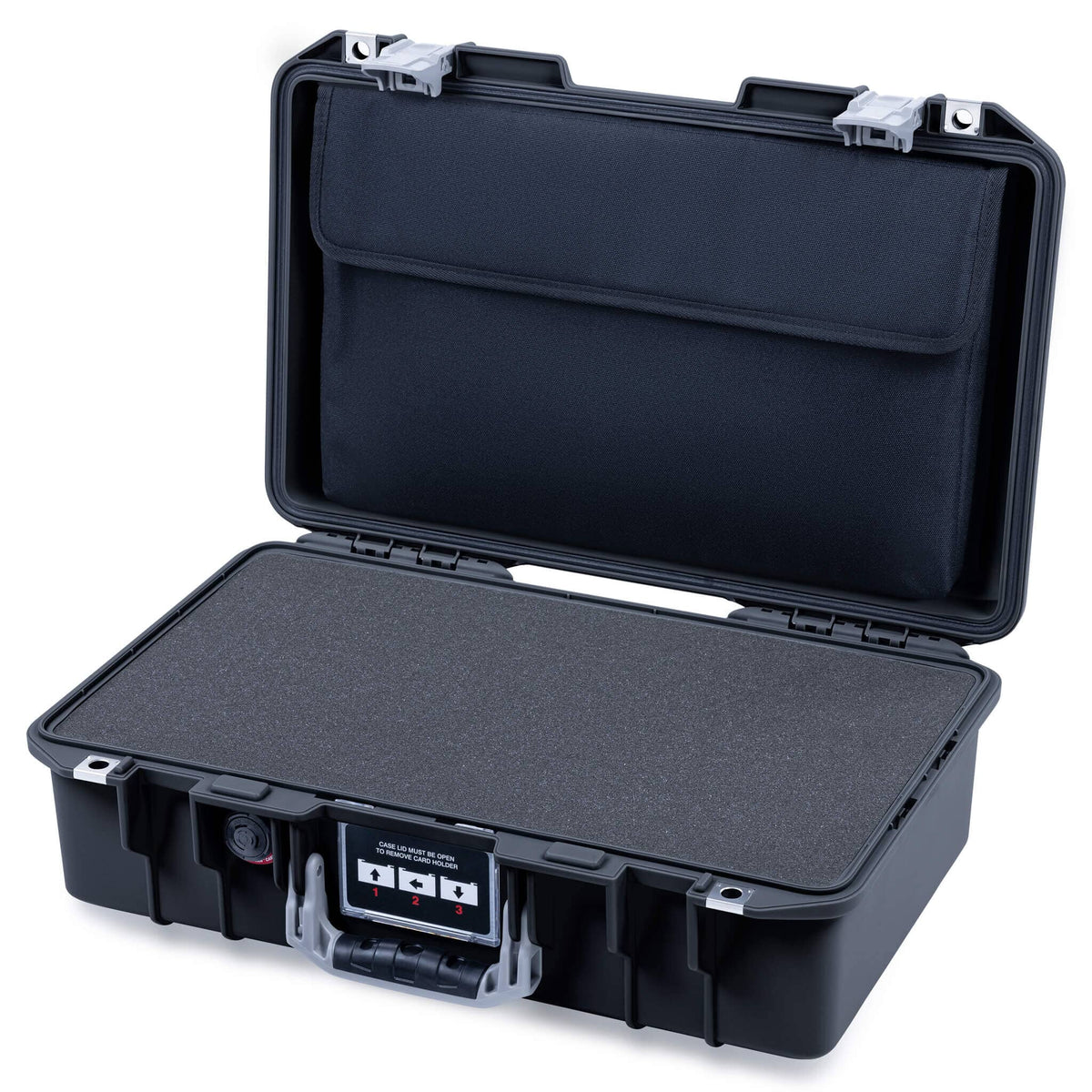 Pelican 1485 Air Case, Black with Silver Latches Pick &amp; Pluck Foam with Computer Pouch ColorCase 014850-0201-110-181