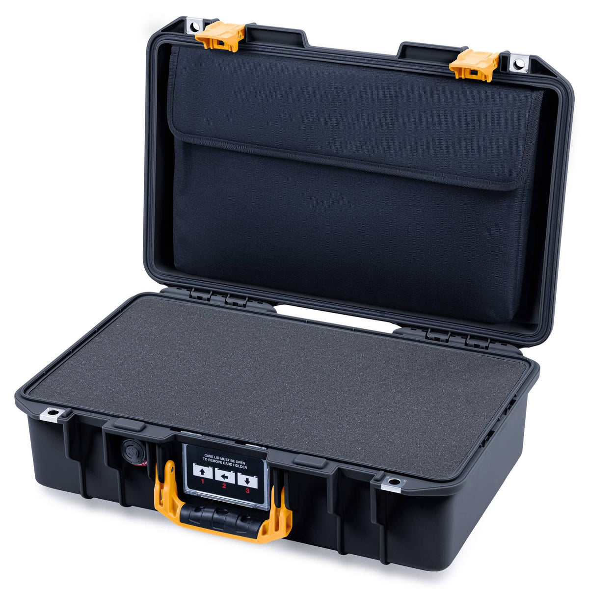 Pelican 1485 Air Case, Black with Yellow Latches Pick &amp; Pluck Foam with Computer Pouch ColorCase 014850-0201-110-241