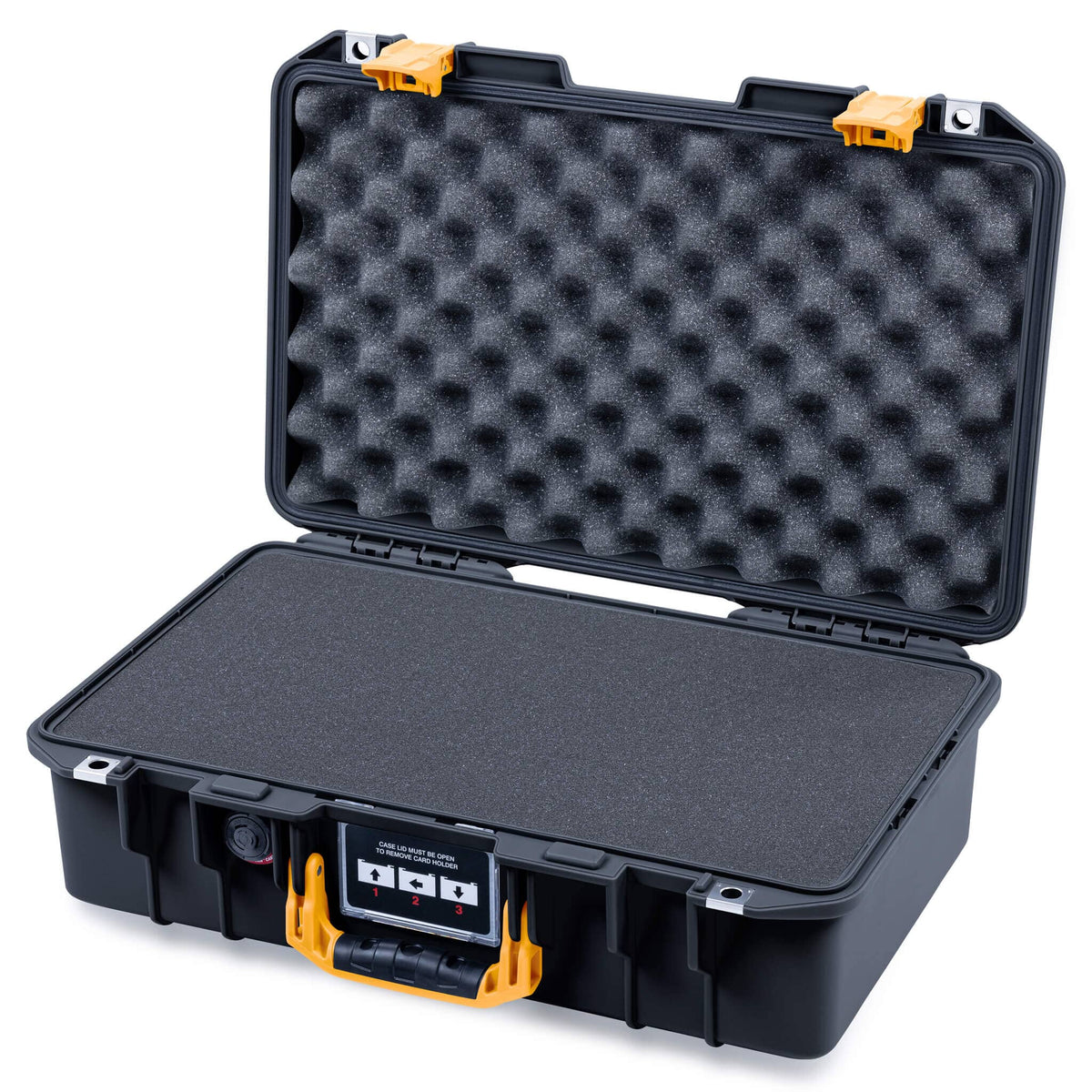 Pelican 1485 Air Case, Black with Yellow Latches Pick &amp; Pluck Foam with Convolute Lid Foam ColorCase 014850-0001-110-241