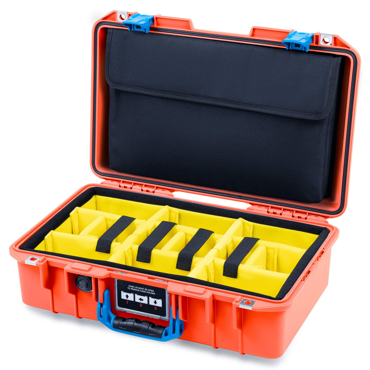Pelican 1485 Air Case, Orange with Blue Latches Yellow Padded Microfiber Dividers with Computer Pouch ColorCase 014850-0210-150-121