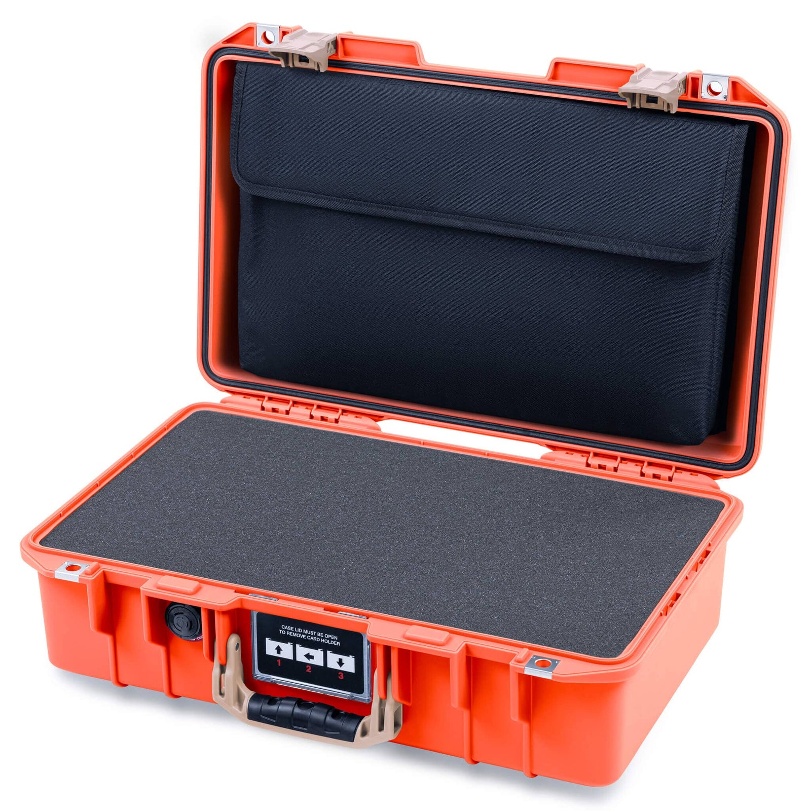 Pelican 1485 Air Case, Orange with Desert Tan Latches Pick & Pluck Foam with Computer Pouch ColorCase 014850-0201-150-311